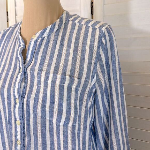 Lucky Brand Size Large Linen Top Blue White Stripe Henley - Picture 4 of 10